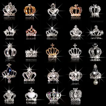10 шт./лот, 3D украшения для дизайна ногтей, серебряные и золотые ногти в форме короны, сплав, блестящие хрустальные стразы, аксессуары для украшения маникюра