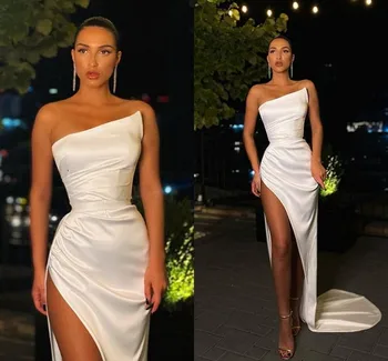 2021 Сексуальные Белые Свадебные платья с высоким Разрезом, Атласные Летние Пляжные Платья для свадебных вечеринок Vestidos De Noiva
