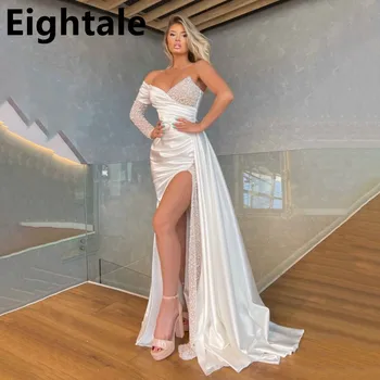 2022 Вечернее платье с белым Жемчугом, Асимметричное платье на одно плечо, Атласное Сексуальное платье для выпускного вечера с вырезом, расшитое бисером, вечернее платье для женщин