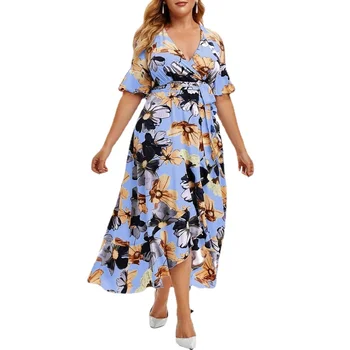 2022 Женское летнее платье размера плюс, повседневное платье в богемном стиле с принтом, нерегулярные платья XL-3XL 4XL с коротким рукавом и талией, Vestidos платье женское