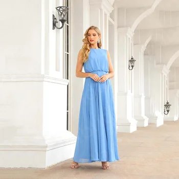 2022 Новое поступление Синих платьев для матери Невесты шифоновое платье для матери без рукавов с круглым вырезом Свадебные платья для гостей Полной длины