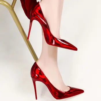 2023, Весенне-летняя брендовая кожаная женская обувь, Красная блестящая подошва, высокий каблук 12 см, Пикантные свадебные туфли-лодочки Очень большого размера