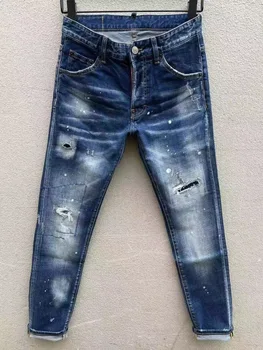 2023 Весна/лето, Новые джинсы D2, Модные мужские джинсы, которые стираются водой, с заплатками на дырках, 3D крой, прямой бочкообразный Синий Цвет, мужские