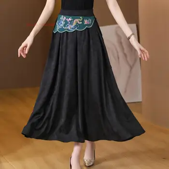 2023 женская винтажная юбка в этническом стиле харадзюку с национальной цветочной вышивкой, юбка с эластичным поясом, китайская ретро жаккардовая атласная длинная юбка