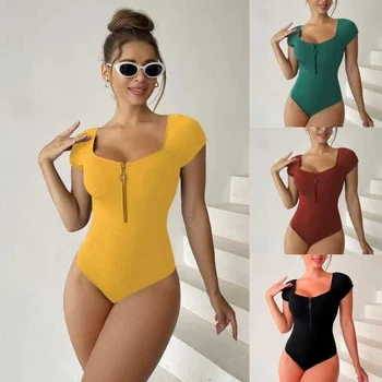 2023 Женский Однотонный Цельный купальник с открытой спиной, Быстросохнущий купальный костюм на молнии