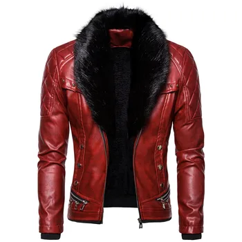 2023 Зимняя куртка из искусственной кожи, Мужской меховой воротник, дизайн в стиле панк, толстые заклепки, Мотоциклетная байкерская куртка на молнии, мужские брендовые ветрозащитные пальто