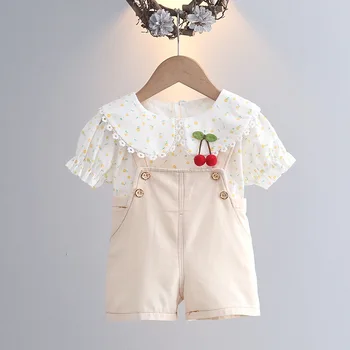 2023 летний милый костюм, одежда для маленьких девочек, рубашка с короткими рукавами и штаны в цветочек, 2 предмета, повседневный костюм с большими лацканами, детский костюм 0-4 лет