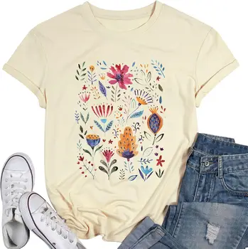2023 Новая Летняя Повседневная блузка с цветочным узором, милая футболка с цветочным принтом, Летняя рубашка с короткими рукавами с рисунком полевых цветов