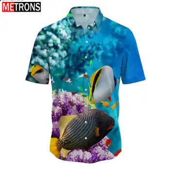 2023 Новая Мужская Рубашка на Пуговицах с Рисунком Океанского Подводного мира, Гавайская Рубашка с Имитацией шеи, Процесс 3D Печати, Лето, Короткий Рукав