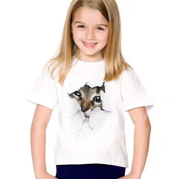 2023 Футболки с 3D котом, новая модная летняя милая детская брендовая одежда для маленьких девочек, Футболки с короткими рукавами и принтом, топы, детская одежда