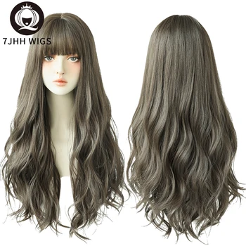 7JHHWIGS Холодно-коричневые синтетические парики, Длинные густые волнистые волосы с челкой Для женщин, Повседневная одежда, термостойкий натуральный модный парик