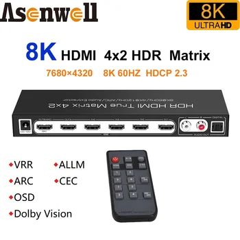 8K HDMI Матричный переключатель 4x2 HDMI Разветвитель 4 В 2 Выхода 4K120Hz ARC CEC UHD HDR10 + VRR ALLM Dolby Vision OSD SPDIF 5.1 LR 2CH для PS5