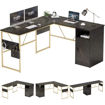 95,2 Дюйма L-образный Компьютерный стол со шкафом для хранения Угловой стол для Домашнего Офиса