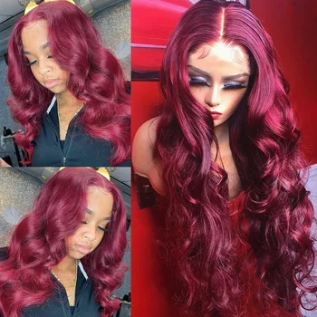 99J Бордовые Объемные волнистые парики из человеческих волос на кружеве 13x4, парик на кружеве, Прозрачные кружевные парики для женщин, человеческие волосы