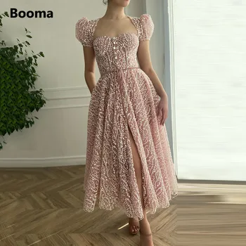 Booma Розовые Пышные кружевные платья для выпускного вечера с короткими рукавами и разрезом в виде сердечка, платья для выпускного вечера чайной длины с лентами на поясе, платья для свадебных вечеринок