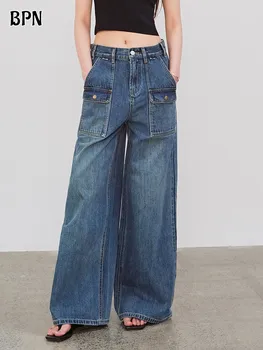 BPN Повседневные джинсовые брюки с карманами в стиле пэчворк Для женщин, Высокая талия, Минимализм, прямые однотонные широкие брюки, Женская одежда, Новинка Моды