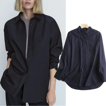 Elmsk 2023, Модная хлопковая женская однотонная блузка с большими карманами, весенне-летняя Повседневная женская рубашка в стиле ретро, Свободная