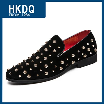 HKDQ/ Трендовые Мужские лоферы черного цвета с заклепками и острым носком, Удобная дышащая мужская обувь для вечеринок, Нескользящая мужская Повседневная обувь, Большой размер 38-47