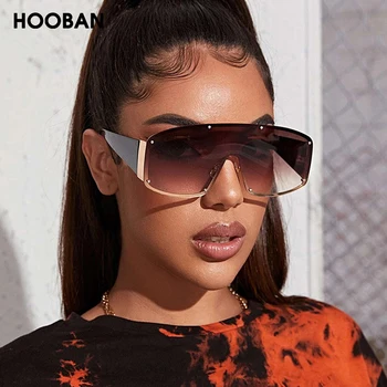 HOOBAN Винтажные цельные женские солнцезащитные очки, Модный бренд, Дизайнерские Солнцезащитные Очки Большого размера, Женские Шикарные Очки для вождения с заклепками UV400