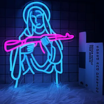 Ineonlife Peace Virgin Mary Madonna Пистолет AK47 Неоновая вывеска для вечеринки, клуба, магазина, USB-переключатель, атмосфера, декор стен, Благословенный подарок