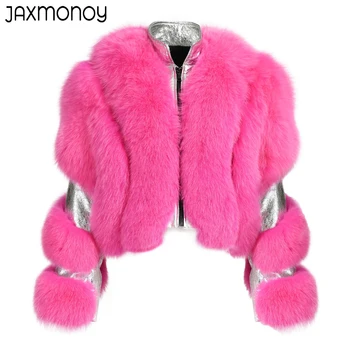 Jaxmonoy/ Женское пальто из натурального лисьего меха, Новый стиль, укороченная куртка из натуральной кожи с натуральным мехом, женская зимняя теплая верхняя одежда