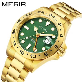 MEGIR, лучший бренд Класса Люкс, Золотые кварцевые мужские часы, ремешок из нержавеющей стали, Простой Календарь, Светящиеся Водонепроницаемые часы Для мужчин Reloj 8404
