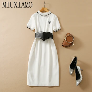 MIUXIMAO 2022, Высококачественное весенне-летнее Элегантное платье с коротким рукавом и поясом-чокером, Модное повседневное платье длиной до колена, женские платья
