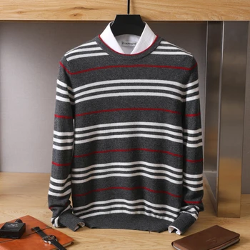 MVLYFLRT, свитер из 100% чистой шерсти, мужской пуловер с круглым вырезом, весенне-осенний новый вязаный кашемировый свитер в полоску