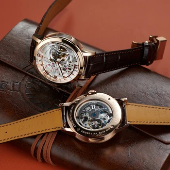 OBLVLO, роскошные повседневные мужские часы в стиле ретро со скелетом, механические часы с ремешком из телячьей кожи, Минеральное стекло, Водонепроницаемый циферблат 45 вм