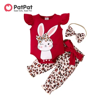 PatPat/ Комплекты одежды из 3 предметов из 95% хлопка для Маленьких девочек, Комбинезон с рисунком кролика, Развевающимися рукавами и Леопардовым принтом, Штаны с поясом и Повязка на голову, Комплект