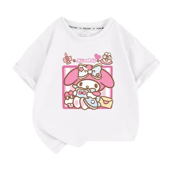 Sanrio Mymelody/ Топ с короткими рукавами, Футболка для девочек, Летняя одежда, Детский свободный топ с короткими рукавами, футболка с круглым вырезом