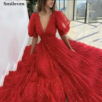 Smileven, Сказочные блестящие Красные платья для выпускного вечера с V-образным вырезом, пышные рукава, Короткие вечерние платья трапециевидной формы, Звездное платье из тюля длиной до щиколоток