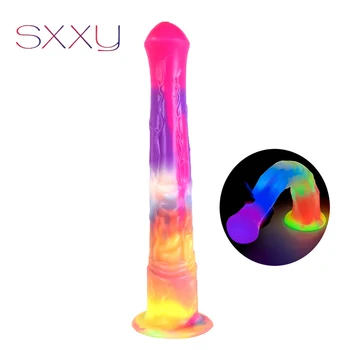 SXXY Светящийся Фантазийный Фаллоимитатор Лошадиный Член, Силиконовая Анальная пробка с присоской, Красочная Секс-игрушка для Пары, продукт для Мастубации взрослых