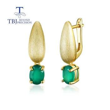 TBJ, ювелирные изделия, тренд 2022, серьги-кольца с натуральным зеленым агатом, ювелирный набор, винтажный вид, женские ювелирные украшения из стерлингового серебра 925 пробы