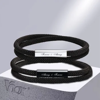 Vnox Индивидуальные парные браслеты, черный позолоченный стержень из нержавеющей стали с многослойной веревочной цепочкой, Минималистичный ювелирный подарок