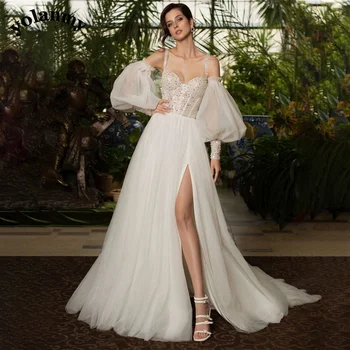YOLANMY Sweetheart Изысканное Свадебное платье для невесты, Придворный шлейф, Рукав-фонарь с открытой спиной, Тюлевая пуговица, жемчуг, Vestido De Casamento
