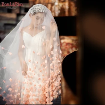 YouLaPan V95 Ниспадающая вуаль с шелковыми 3D цветами ручной работы Свадебная фата Длинная с гребнем Соборные вуали Розовая вуаль для прикрытия лица