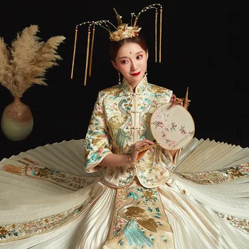 Yourqipao 2023, Китайские комплекты Xiuhe, воротник-стойка, одежда для тостов Чонсам, Костюм с вышивкой дракона и Феникса, Свадебное платье