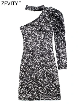 Zevity Женское Уличное Асимметричное мини-платье-рубашка с одним плечом, расшитое блестками, Женское Шикарное вечернее платье на молнии сбоку DS3173