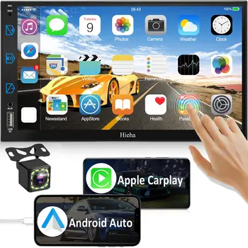 Автомобильная стереосистема, совместимая с Apple Carplay и Android Auto Hieha, 7-дюймовая автомобильная стереосистема с двойным Din, Bluetooth и камерой резервного копирования