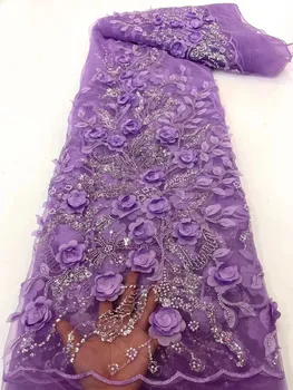 Африканская кружевная ткань 2023, Высококачественная французская 3D Цветочная вышивка Блестками, бисер, Тюлевая кружевная ткань для вечернего платья XC65T-1