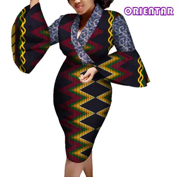 Африканское платье, Женский Африканский Принт, Расклешенный рукав, V-образный вырез, Платья длиной до колен, Элегантная Африканская Одежда, Женский Халат Africaine WY8107