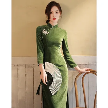 Бархатные вечерние платья Ципао Зеленое Шелковое платье Чонсам С принтом Большого Размера Чонсам Китайское Традиционное Восточное Длинное платье