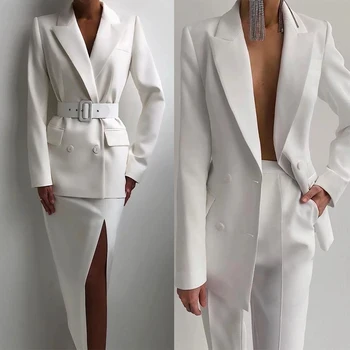 Белое двубортное женское длинное платье-блейзер, костюмы для дамского выпускного вечера, официальная одежда для гостей, сшитая на заказ (куртка + брюки + юбка)