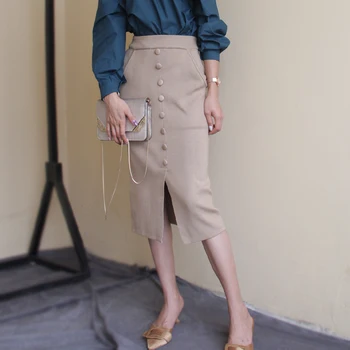 Бесплатная доставка 2021 Модная осенне-зимняя юбка-карандаш длиной до колена с высокой талией, винтажная эластичная юбка-карандаш с разрезом, женская S-L кнопка