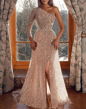 Блестящее платье для выпускного вечера с разрезом цвета шампанского 2023 С длинным рукавом и одним плечом, вечерние платья с блестками, Новое вечернее платье