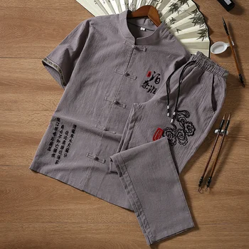 Весенне-летний хлопковый костюм в китайском стиле, мужские новые старинные повседневные комплекты, высококачественная футболка, Брюки, Размер 5XL