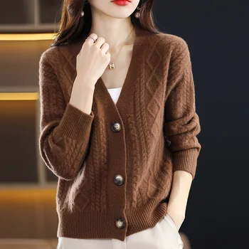 Весенне-осенний новый вязаный шерстяной кардиган с V-образным вырезом, Женский свитер со стразами и свободная куртка с длинным рукавом