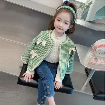 Весенне-осенняя утепленная куртка для девочек, Детские Корейские модные хлопковые Элегантные Короткие Винтажные Пальто в Корейском стиле, топы для 2-12 лет