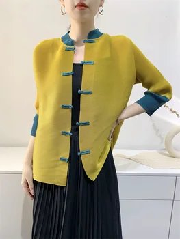 Весна 2023, новая женская футболка в китайском стиле в стиле ретро с дисковыми пуговицами, Miyak fold, модный свободный плиссированный кардиган размера плюс, куртка